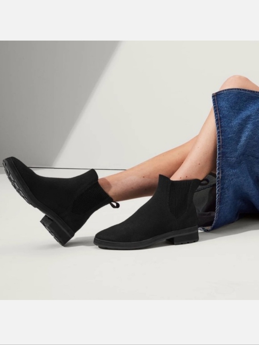 Rothys The Lug Chelsea Ribbed Wool Blend Onyx Black Ankle Booties